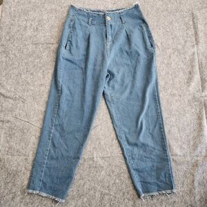 High Rise Baggy Y2K Raw Hem Jeans Women's L Blue Light Wash Preppy Street Ware